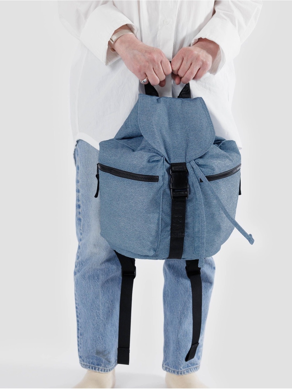 Discontinued BAGGU Denim Backpack Light Wash Blue